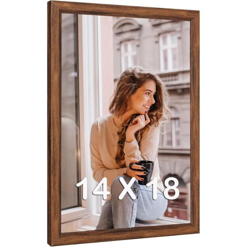 14x18 Wood Frame Brown, Rustic Natural Wooden 18x14in Poster Picture Frame, Distressed 14 x 18inch Woodgrain Gallery Photo Frame with HD Plexiglass, Horizontal Vertical Wall Mounting Display 1pcs