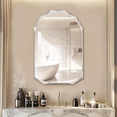 Bathroom Mirror for Wall, 24 x 36 Arched Mirror, Bathroom Vanity Mirror, Beveled Edge Frameless Wall Mount Vanity Mirrors, Wall Mirrors Decorative, Irregular Beveled Edge Mirror