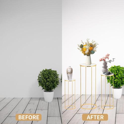 3pcs Gold Metal Plant Stand, Cylinder Pedestal Stands for Party, Metal Plant Columns Pedestal Stands for Display, Round Cylinder Columns tables for Weddings Cake Stand Floor Plant Tables