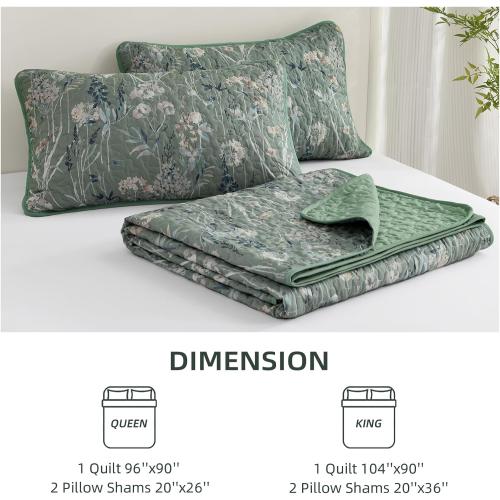 Goodidea Quilts King Size Bedding Set, Sage Green Bedspreads King Size 3 Piece Lightweight Soft Microfiber Reversible Coverlet Floral Quilt Set with Pillow Shams for All Season (King, 104X90)