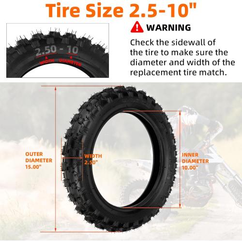 2.5-10 Off-Road Tire and Inner Tube Set - Dirt Bike Tire with 10-Inch Rim and 2.5/2.75-10 Dirt Bike Inner Tube Replacement Compatible with Honda CRF50/XR50, Suzuki DRZ70/JR50, and Yamaha PW50