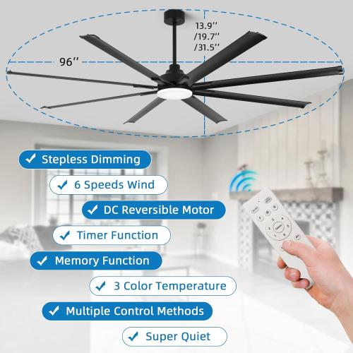 96 Inch Industrial Ceiling Fan with Light and Remote Control，Large Ceiling Fans with 8 Reversible Aluminum Blades, 3CCT, 6-Speed,Commercial Ceiling Fan for Porch/Garage/Shop