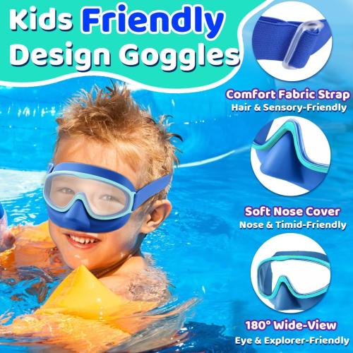 Vvinca Kids Goggles with Comfort Fabric Strap, Kids Swim Goggles Wide View Anti-Fog/UV No Leaking Swimming Goggles for 3-14