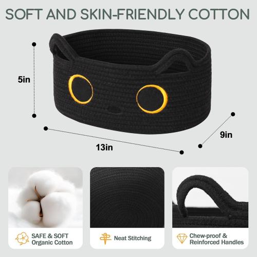 Black Cat Toy Basket, Small Woven Cat Toy Storage Box with Cute Ears Handle Indoor, Cotton Rope Storage Bin with Embroidered Face for Halloween Decor, Pet Bed, Nursery Kids Room Organization