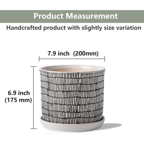 8 Inch Plant Pot: Ceramic Planter with Drainage Hole & Saucer for Indoor Outdoor Plants - Flowerpot with Bonded Tray for Home Office - Mixed Stripe Debossed