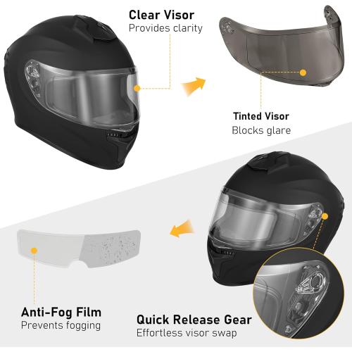 Favoto Full Face Motorcycle Helmet with 2 Visors and Anti-Fog Film, DOT Approved Street Bike Helmet for Adult Men Women Matte Black Size Large