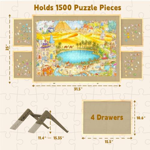 Jigsaw Puzzle Board with Drawers and Cover, Tilting Puzzle Board 1500 Pieces with 5 Adjustable Angles, Portable Puzzle Board for Adults