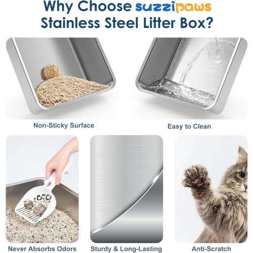2 Pack 23.6 x 15.7 x 6 Deep & Extra Large Stainless Steel Cat Litter Boxes, High Sides Metal Cat Litter Box for Multi-Cats Big Cats XL Metal Litter Pan Tray, Non-Sticky, Easy Cleaning