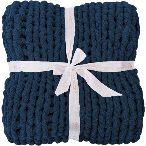 Bigacogo Chunky Knit Throw Blanket for Couch, 40x40 inches, 100% Hand Knitted with Thick Jumbo Chenille Yarn, Cozy Soft Large Rope Knot Cable Crochet Blankets for Sofa Bed Living Room, Navy Blue