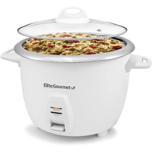 Elite Gourmet ERC-2010 Electric Rice Cooker with Stainless Steel Inner Pot Makes Soups, Stews, Grains, Cereals, Keep Warm Feature, 10 Cups Cooked, White