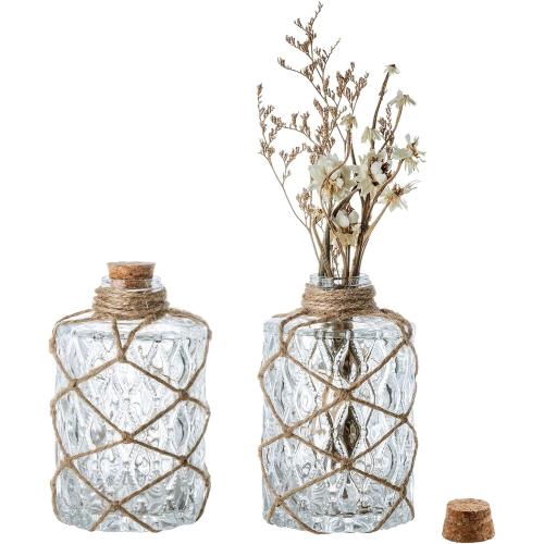 MyGift Set of 2 Rustic Embossed Glass Bud Vases with Cork Lids and Hand-Woven Hemp Rope – Apothecary Style Decorative Bottles for Farmhouse, Vintage, or Boho Home Decor