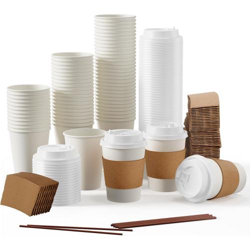 [100 Pack] 12 oz Paper Coffee Cups, Disposable Paper Coffee Cup with Lids, Sleeves, and Stirrers, Hot/Cold Beverage Drinking Cup for Water, Juice or Tea, Suitable for Home, Shops and Cafes