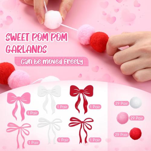 Breling 3 Pieces Valentine's Day Garland Felt Ball Garland, 10ft Pompom Bow Valentines Decorations Banner for Mantle Fireplace Room Valentine Hanging Decor