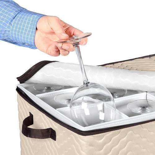 Wine Glass Storage Box with Dividers - Stemware Storage Case, Durable Quilted Microfiber Bin with Carry Handles, Protects Fine China - Durable Quilted Microfiber Bin with Carry Handles (2 Pack, Red & White Wine Glass)