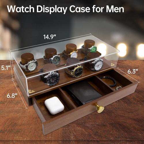 Holmes and Hadfield Wooden Watch Case, 2-Tier Watch Display Case Watch Box for Men, Watch Display Stand with Drawer Watch Collection Storage Watch Holder, brown