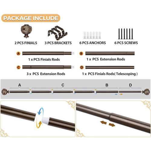 Bronze Curtain Rods for Windows 48 to 84 Inch, USFOOK 7/8 Inch Telescoping Splicing Curtain Rod, Decoration Drapery Rods with Leaf Finials