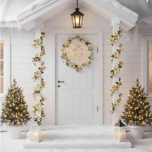 Syhood 6.5ft Prelit Poinsettia Flower Garland Valentine's Day Decor Artificial Lighted Garland Battery Operated Glitter Berries Leaves for Christmas Mantle Home Indoor Outdoor Decor(Champagne,1 Pcs)