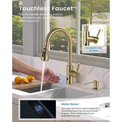 APPASO Touchless Kitchen Faucets Gold, Brushed Gold Kitchen Faucet Touchless, Touchless Kitchen Faucet with Pull-Down Sprayer and Soap Dispenser, Stainless Hands Free Faucet for Kitchen Sink 2-4 Hole