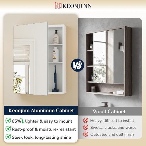 Keonjinn 30 x 26 Inch White Medicine Cabinet Mirror, Assembly Needed, in Wall Medicine Cabinets for Bathroom, Lightweight, Adjustable Shelves, Tempered Glass, Soft Closing, Recessed or Wall Mount