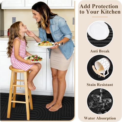 Kitchen Rugs and Mats Set of 3, Non Skid Washable Black Geometric Kitchen Mats for Floor, Absorbent and Stain Resistant Floor Mat for Laundry,