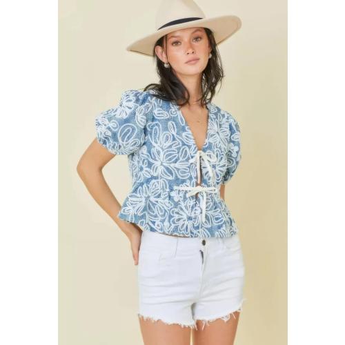 Denim Embroidered Crop Top with Front Tie Detail SIZE SMALL