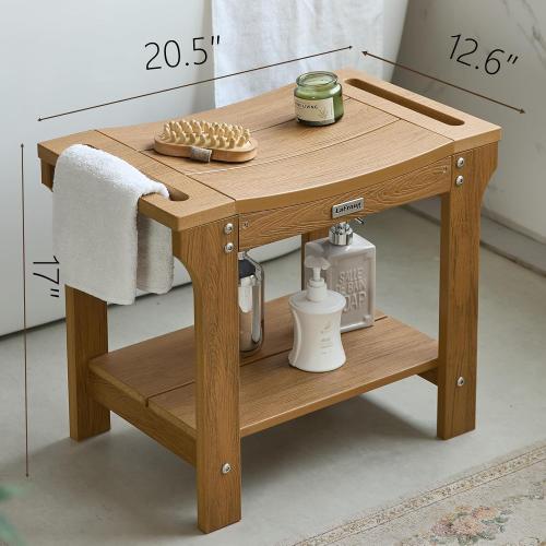 20.5 HDPS Shower Bench Seat, Waterproof Shower Stool for Shaving Legs, Heavy Duty Plastic Bath Spa Chair Seat with Storage Shelf, No Maintenance, Brown, Weight Capacity 500LBS