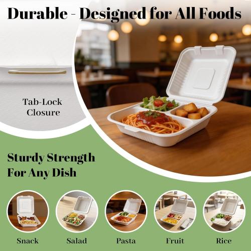 Lucklot 100 Pack 8×9 Inch 3-Compartment Compostable Bagasse Food Containers