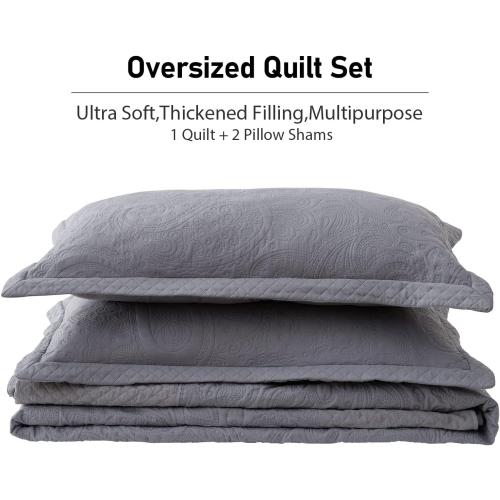 Qucover California King Bedspreads 128x120, Soft Microfiber Ultrasonic Lightweight Dark Grey Oversized King Quilt, 3 Piece Reversible Paisley Pattern Cal King Quilt Set, Grey