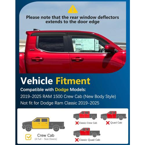 Shatterproof Tape-On Rain Guards for Dodge Ram 1500 2019-2026 Crew Cab (New Body Style), Out-Channel Window Deflectors Vent Window Visors Rain Sun Wind Guards, Not for Ram Classic