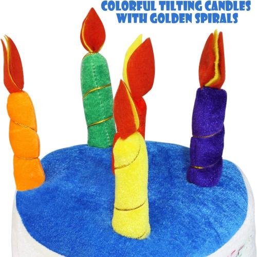 Novelty Place Blue Plush Happy Birthday Cake Hat - Unisex Adult Size Fancy Dress Party Hats - Perfect as Party Favors, Costume Accessories - Cake & 5 Multicolor Candles