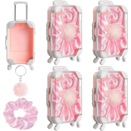 LemonRoad 15 Pcs Mini Suitcase Empty Storage Box and Plush Ball Keychain Candy Luggage Containers Packaging Case for Galentine Bridal Shower Baby Shower Party Favors Travel Gifts (Pink)
