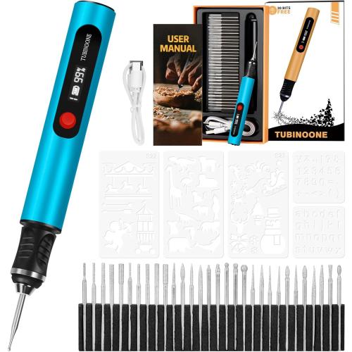 Engraving Pen by TUBINOONE, Ultimate Cordless Portable Tool for Artists & DIYers - Engrave 50  Surfaces - Beginner Friendly - Rechargeable - Free 30 Bits & Mastery Guide (Blue)