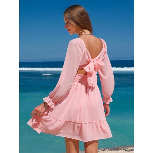 EXLURA Women's 2025 Casual Long Lantern Sleeve Dresses Square Neck Ruffle Tie Back Elastic Waist Aline Short Mini Dress