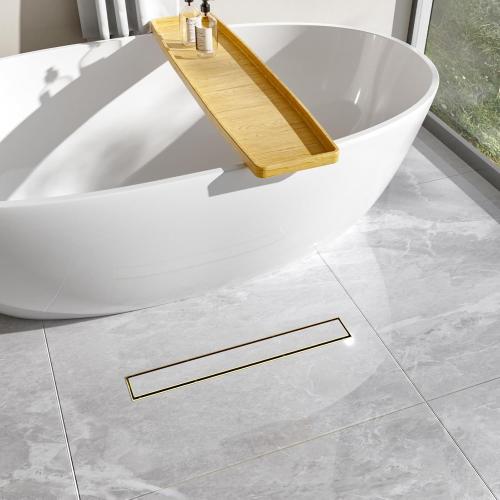 24-Inch Linear Shower Drain with Tile Insert Grate, SUS 304 Stainless Steel Linear Drain, Brushed Gold Long Rectangle Shower Floor Drain with Leveling Feet, Hair Strainer, Fits Bathroom