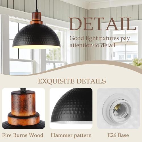 Size 11.8 Color Black Pendant Lights Kitchen Island, 11.8 Hammered Metal Black Dome Pendant Lighting Black and Wood Pendant Light Fixture Hanging Ceiling Light for Dining Living Room Restaurant Sink