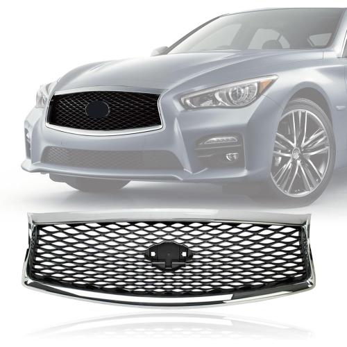 Front Cover Upper Bumper Chrome Grille Fit 2014-2017 for Infiniti Q50 Gloss Front Mesh Air Intake Assembly Replacement Shroud