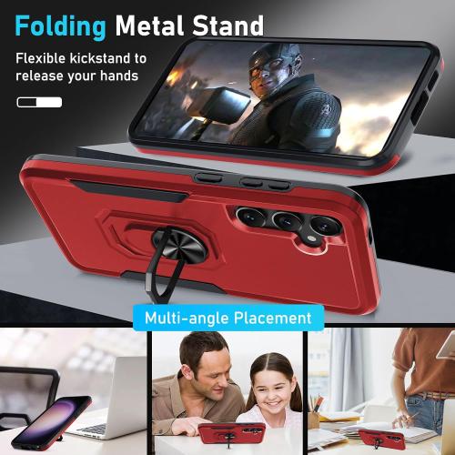 Compatible with Samsung Galaxy S24/S25 Case with Screen Protector Tempered Glass,Heavy Duty Shockproof Full Body Phone Cover Built in Metal Ring Holder Kickstand,2025 Red