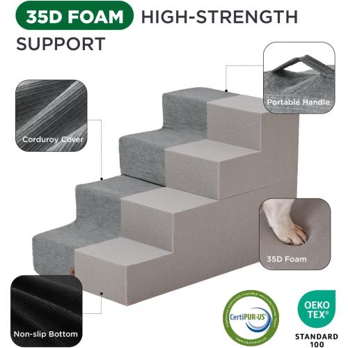 Made4Pets Dog Steps for Bed, Extra Wide Dog Stairs for High Bed Couch Sofa, 35D Foam Pet Steps for Small Dogs and Cats, Non-Slip Bottom Pet Stairs, Grey, 4 Steps