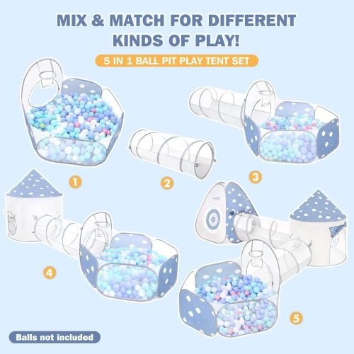 Dreamon 5 in 1 Kids Play Tent with Tunnel, Pop Up Play Tent with Ball Pits for Toddlers, Foldable Kids Tunnel with Carry Bag and Basketball Hoop, Toddler Tents Indoor & Outdoor