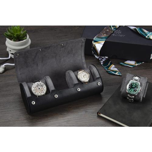 Watch Travel Case for Men: 3 Slot Watch Box Organizer Display Case - Portable Watch Storage & Travel Case - Watch Roll Fits All Wrist Watches & Smart Watches Up to 50mm (Black)