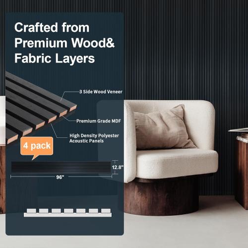 NeatiEase Wood Slat Wall Panels, 4-Piece 96 x 12.6, Soundproof & Noise Cancelling, Acoustic Wall Panels (Black)