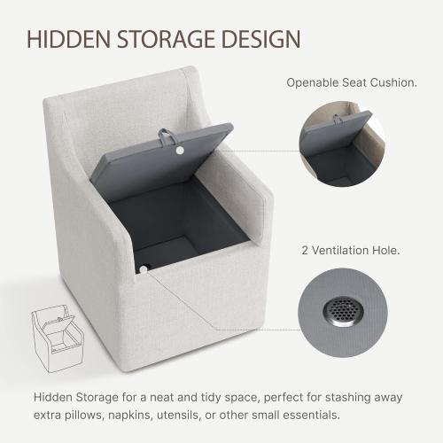 Upholstered Dining Chairs Set of 1, Modern Dining Room Chairs with Casters & Washable Cover, Rolling Accent Chair with Hidden Storage for Kitchen, Farmhouse, Living Room, White, 1 Box