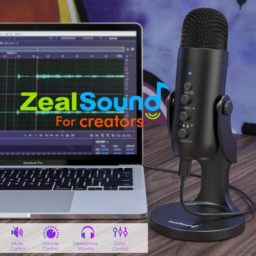 ZealSound USB Microphone,Condenser Computer PC Mic,Plug&Play Gaming Microphones for PS 4&5.Headphone Output&Volume Control,Mic Gain Control,Mute Button Vocal,YouTube Podcast on Mac&Windows(Black)