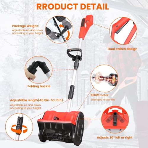 Cordless Snow Shovel 13, 48V 600W, 2×4.0Ah Batteries & Quick Charger, 12 Width 8 Depth, 25FT Throw Electric Snow Blower with Directional Plate & Adjustable Handle for Driveways & Sidewalks(Red)