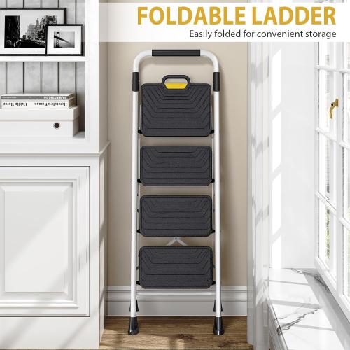 KINGRACK Sturdy Steel 4 Step Ladder, Folding Step Stool with Handrail, Anti-Slip Wide Pedals, Safe-Lock Design, Pass 800lbs Load Testing, Portable Ladder for Multi-Purpose in Home, Kitchen, White