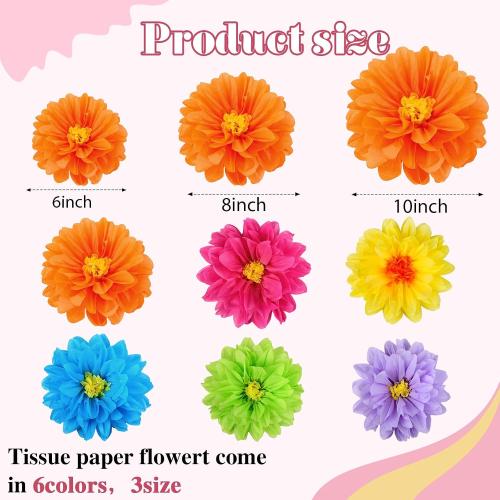 Geyee 18 Pcs Mexican Paper Flowers,Bright Color,6 8 10
