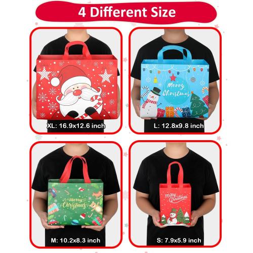Christmas Gift Bags Assorted Sizes, Extra Large/Medium/Small 12PC Christmas Tote Bags with Handles, Heavy Duty Non-Woven Christmas Shopping Bags, Party Favor Bags, Large Holiday Bags for Presents Bulk