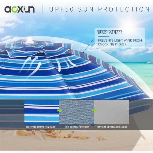 Blue 8ft Aoxun Beach Umbrella with Tray and Tilt Pole Portable Patio Umbrella with Sand Anchor and Carry Bag Outdoor UPF 50  Sun Shelter with Air Vents Design (Navy Blue)
