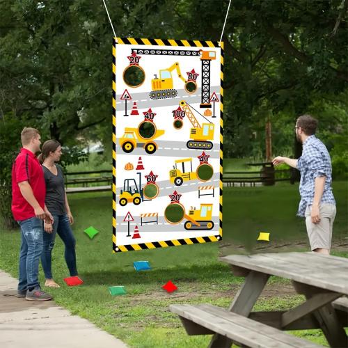 Construction Truck Toss Game Banner with 4 Bean Bags ，Indoor Outdoor Excavator Throwing Theme Party Game Banner with 7 Score Holes for Adults Birthday Party Decorations （Yellow）