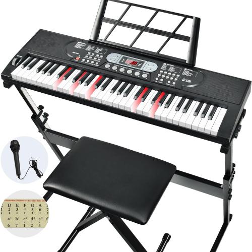 61 Key Keyboard Piano, Electric Piano Keyboard with Lighted Keys, Pitch Bend, Built-in Speakers- Includes Piano Stand and Bench, Microphone, Portable Keyboard Piano for Beginners